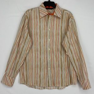 Positano Mens Size XL Long Sleeve Button Front Shirt Orange Blue Tan Stripes USA